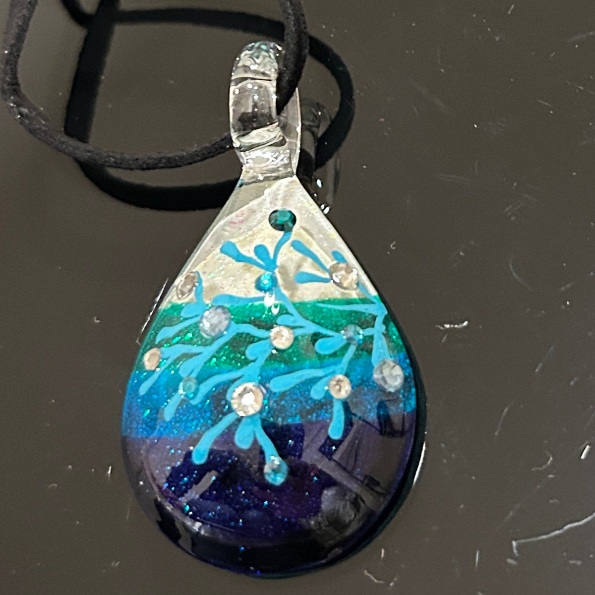 Handcrafted Ocean Scene Dichroic Glass Teardrop Pendant 1.75 Inch Underwater Design Mars Glass Artisan Collection Premium Blue Gradient Jewelry